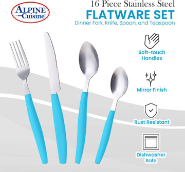 ALPINE CUISINE Flatware Set 16 Piece Service for 4, Stainless Steel Flatware Cutlery Set Includes Dinner Knives/Forks/Spoons - Great for Camping or College Dorms - Dishwasher Safe - Blue