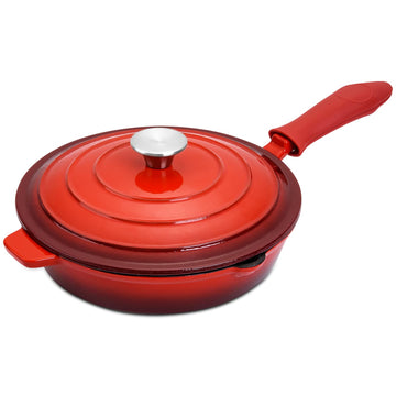 Hamilton Beach Enameled Cast Iron Fry Pan with Lid 10-Inch Red,  Cream Enamel coating, Skillet Pan For Stove top and Oven, Even Heat Distribution, Safe Up to 400 Degrees, Durable and Dishwasher Safe