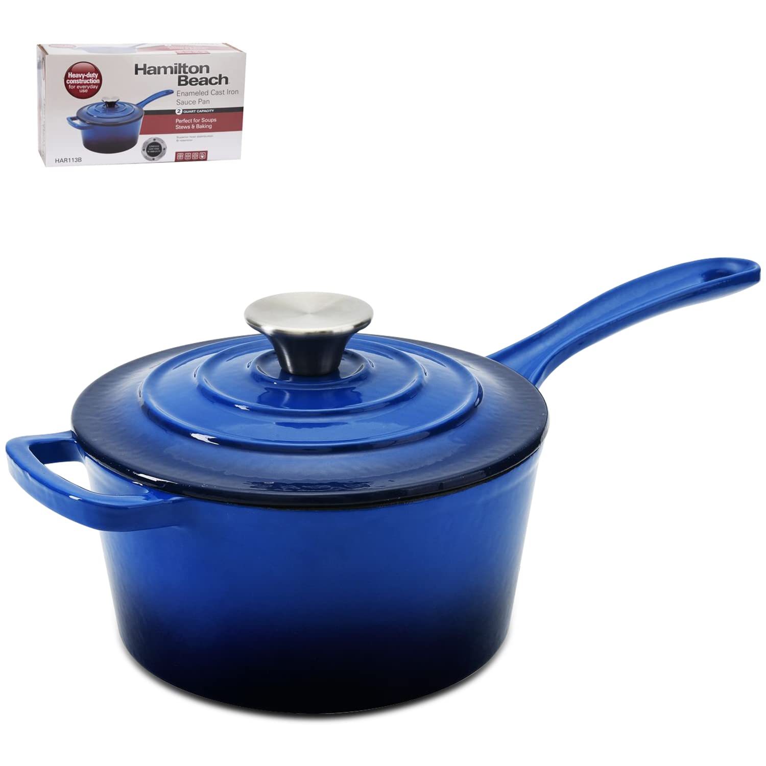 Hamilton Beach Enameled Cast Iron Sauce Pan 2-Quart Blue,  Black Enamel coating, Pot For Stove top and Oven Cooking, Even Heat Distribution, Safe Up to 400 Degrees, Durable and Dishwasher Safe