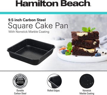 Hamilton Beach Square Cake Pan Nonstick Easy Release Carbon Steel Pan, Cookie Pan | Durable, Leak-Proof & Heavy Duty, Non-Stick & Healthy, Easy to Clean, Dishwasher Safe | 9.5x9.5in | Black |