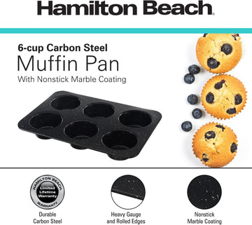 Hamilton Beach Carbon Steel Muffin Pan 6 Jumbo Cup | Non-Stick Coating, Perfect for Making Muffins or cupcake pan | Excellent Heat Conduction, Easy to Clean and Dishwasher Safe | 13.5x9inch, Black