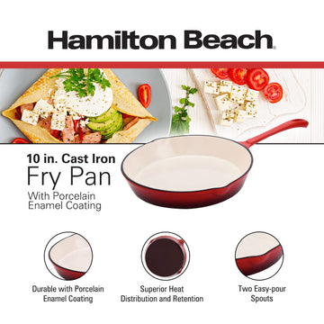 Hamilton Beach Enameled Cast Iron Fry Pan 10-Inch Red,  Cream Enamel coating, Skillet Pan For Stove top and Oven, Even Heat Distribution, Safe Up to 400 Degrees, Durable and Dishwasher Safe