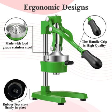 ALPINE CUISINE Professional Citrus Juicer- Manual Orange juicer, and Citrus Press- Heavy Duty Orange Squeezer- Commercial Lemon Squeezer Press stand for Orange, Lemon, Pomegranate, and Lime - Green