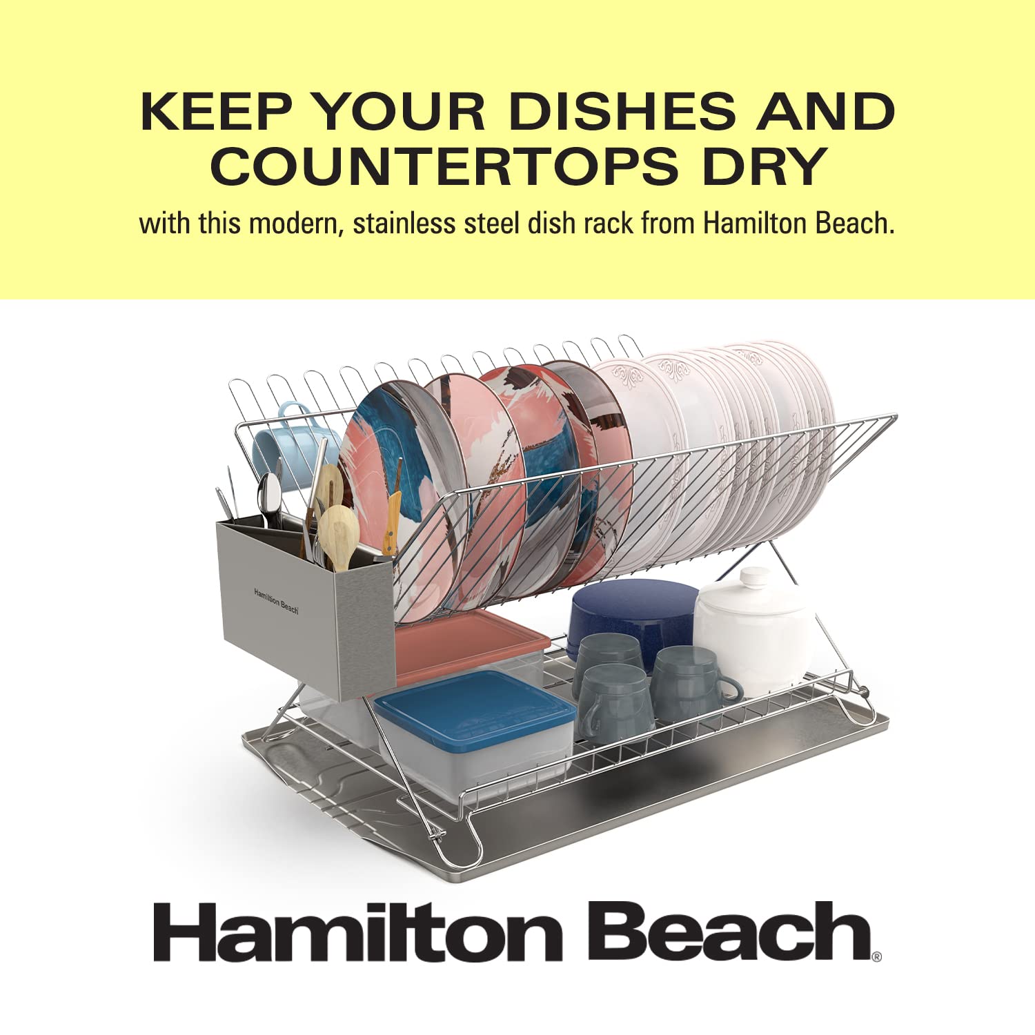HAMILTON BEACH Dish Drying Rack 2 Tier with SS Cutlery Holder, Compact