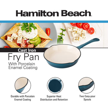 Hamilton Beach Enameled Cast Iron Fry Pan 10-Inch Navy,  Cream Enamel coating, Skillet Pan For Stove top and Oven, Even Heat Distribution, Safe Up to 400 Degrees, Durable and Dishwasher Safe