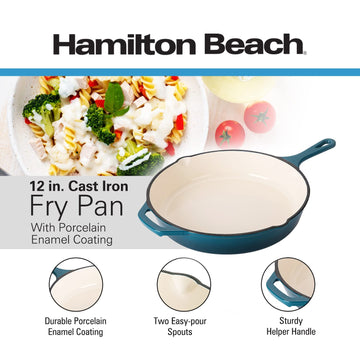 Hamilton Beach Enameled Cast Iron Fry Pan 12-Inch Navy,  Cream Enamel coating, Skillet Pan For Stove top and Oven, Even Heat Distribution, Safe Up to 400 Degrees, Durable and Dishwasher Safe