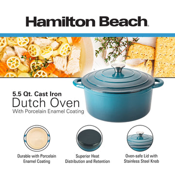 Hamilton Beach Enameled Cast Iron Dutch Oven 5.5-Quart Navy, Cream Enamel Dutch Oven Pot with Lid, Cast Iron Dutch Oven with Even Heat Distribution, Safe Up to 400 Degrees, Durable, Dishwasher Safe