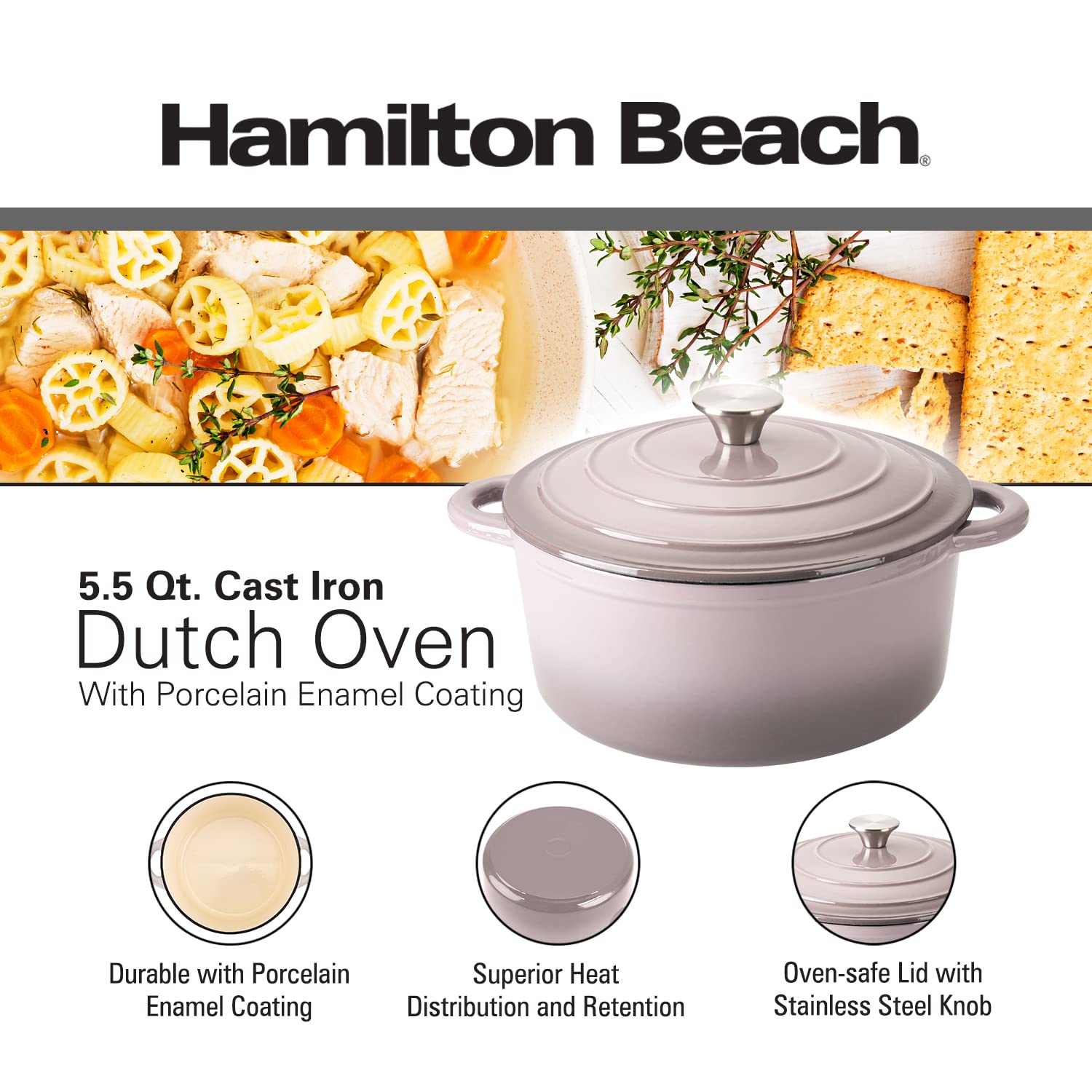 Hamilton Beach Enameled Cast Iron Dutch Oven 5.5-Quart Gray, Cream Ena