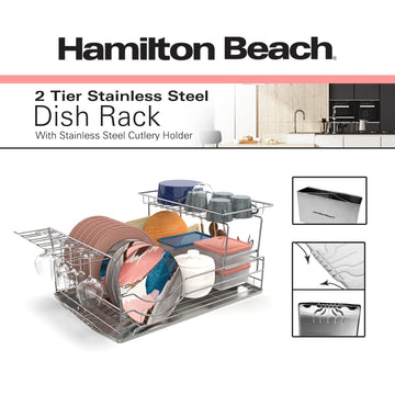 Hamilton Beach Stainless Steel Dish Drying Rack 2 Tier and Cutlery Holder, Kitchen Dish Rack with Drainboard, 23.5