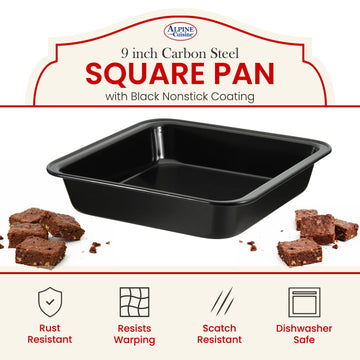 Alpine Cuisine Square Cake Pan Nonstick Easy Release Carbon Steel Pan, Cookie Pan | Durable, Leak-Proof & Heavy Duty Non-Stick Healthy, Easy to Clean & Dishwasher Safe - Black (9inx8.5in 0.4mm)