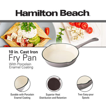 Hamilton Beach Enameled Cast Iron Fry Pan 10-Inch Gray,  Cream Enamel coating, Skillet Pan For Stove top and Oven, Even Heat Distribution, Safe Up to 400 Degrees, Durable and Dishwasher Safe