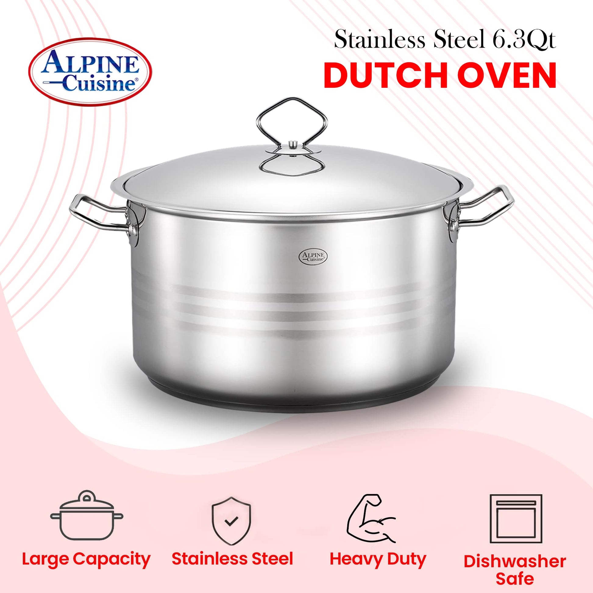 Alpine Cuisine Stainless Steel Dutch Oven with Lid 5 Quart & Easy Cool