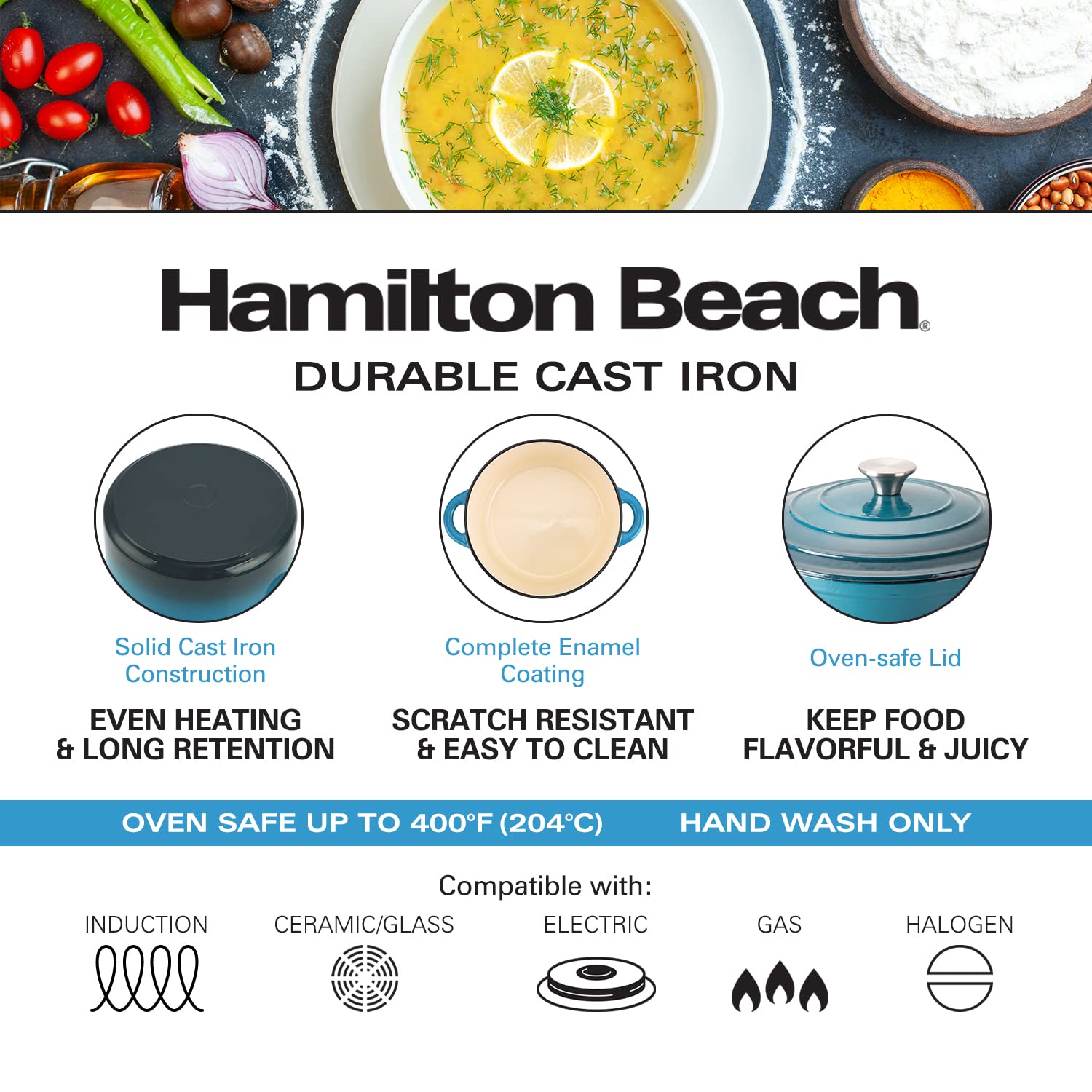 Hamilton Beach Enameled Cast Iron Dutch Oven 5.5-Quart Gray, Cream Ena