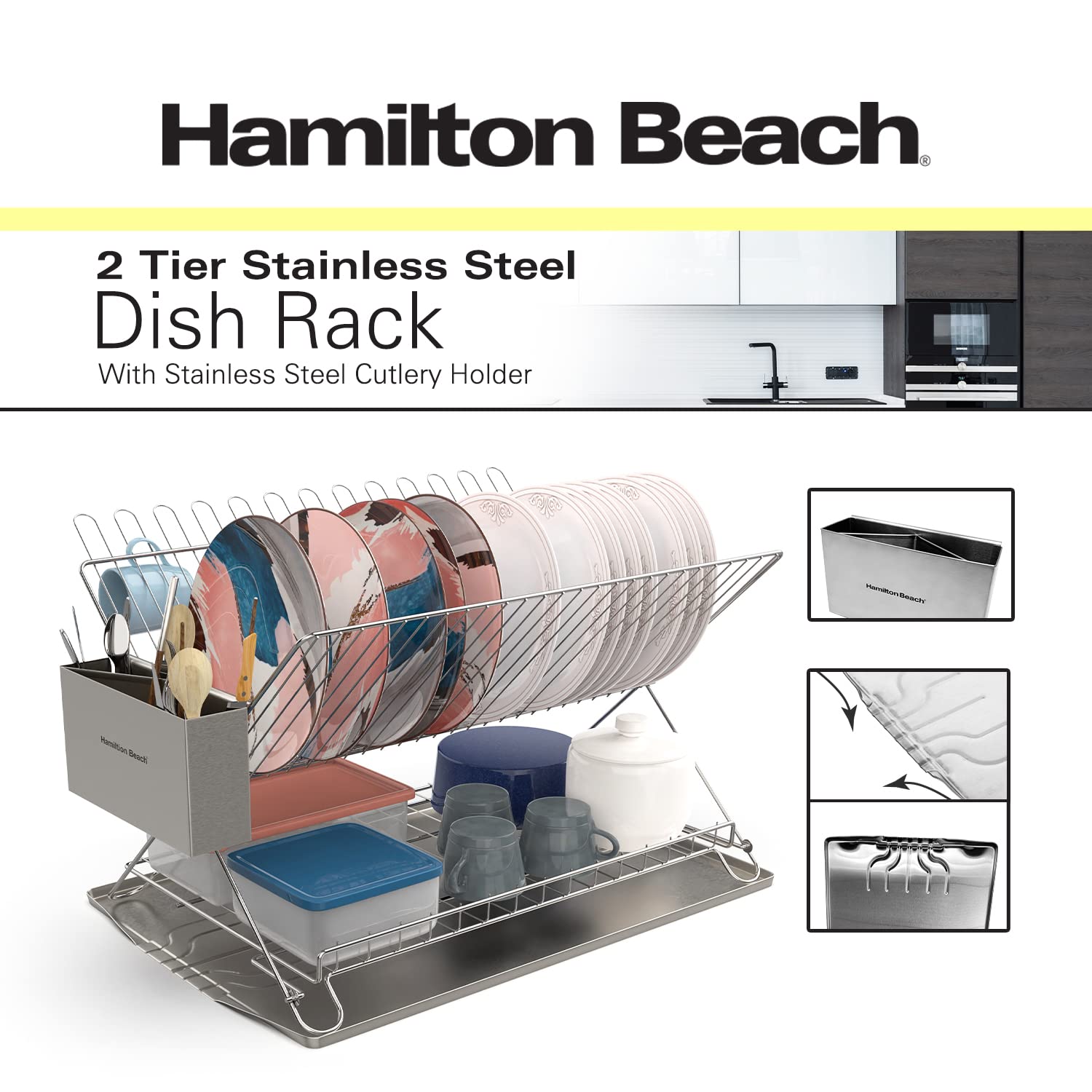 HAMILTON BEACH Dish Drying Rack 2 Tier with SS Cutlery Holder, Compact