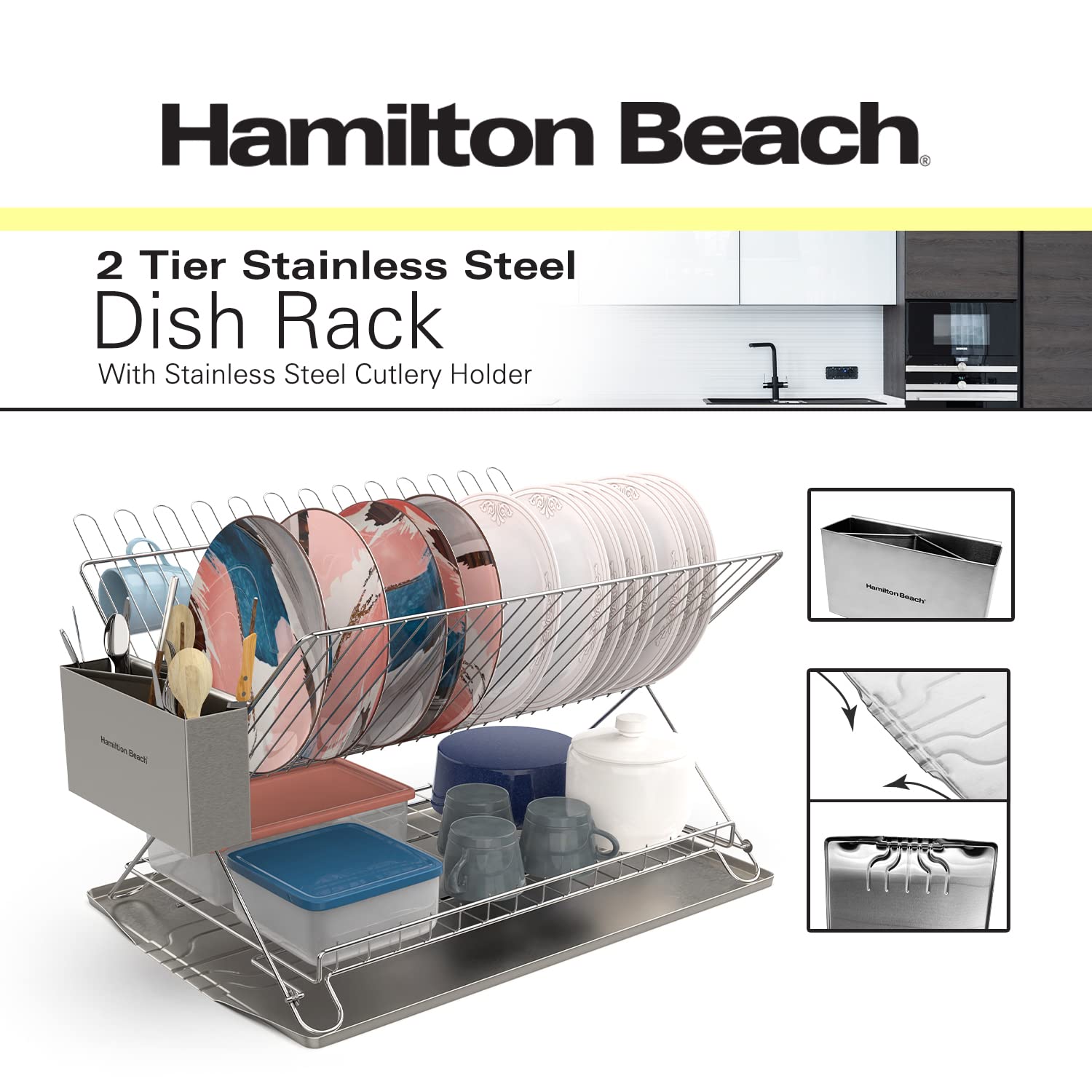 Hamilton Beach Stainless Steel Dish Drying Rack 2 Tier and Cutlery Hol