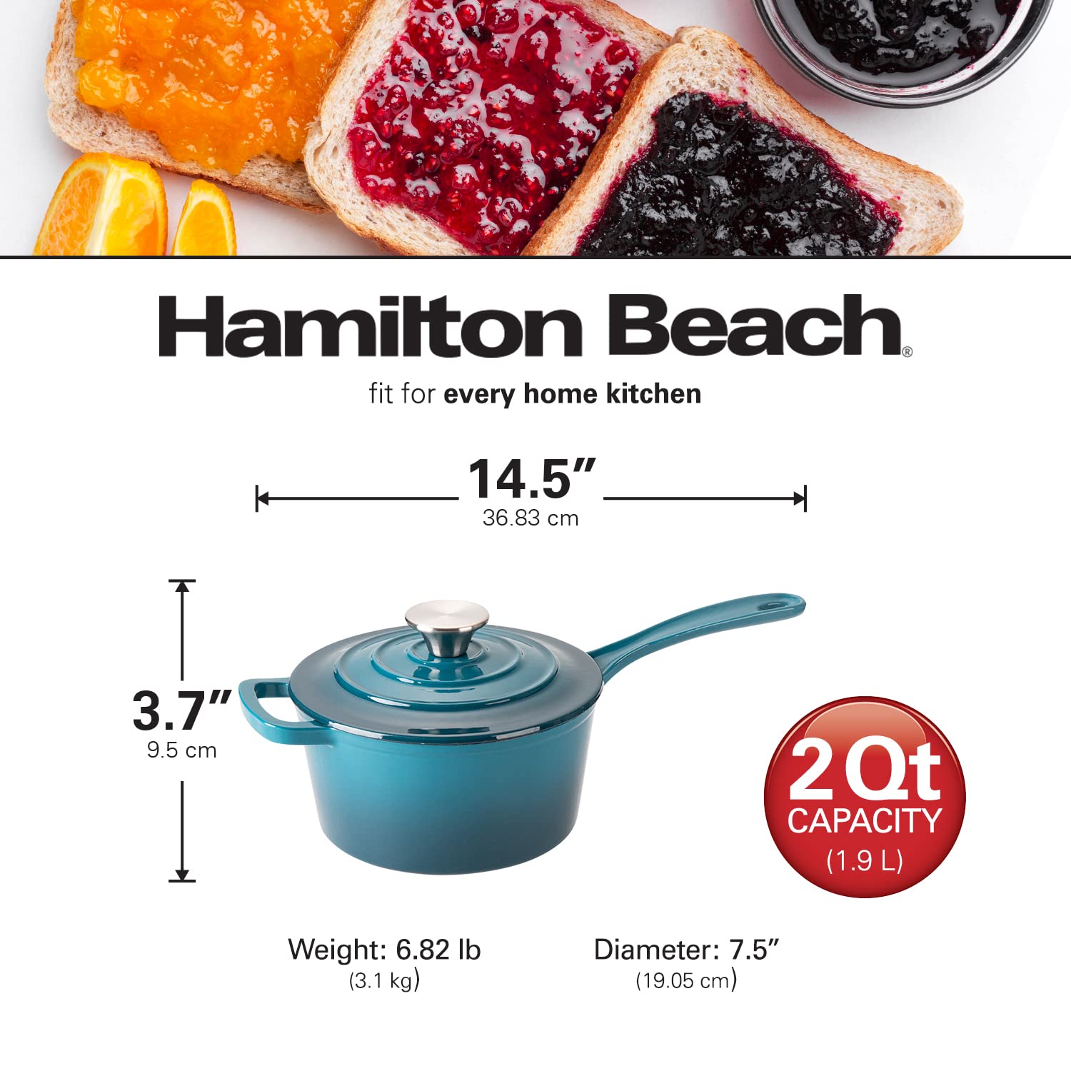 Hamilton Beach Enameled Cast Iron Sauce Pan 2-Quart Navy, Cream Enamel  coating, Pot For Stove top and Oven Cooking, Even Heat Distribution, Safe  Up to