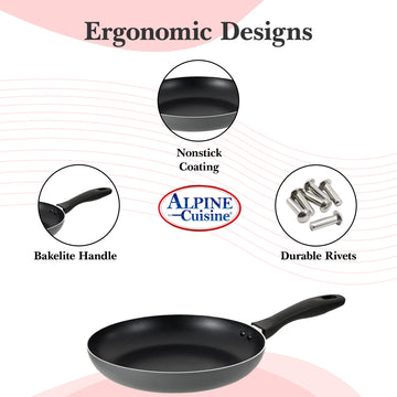 Alpine Cuisine Aluminium Nonstick Coating Frying Pan Gray 10in with Ergonomic Bakelite Handle & Healthy Cooking Pan, Ideal for Family, Durable & Evenly Heated, Heavy Duty & Dishwasher Safe