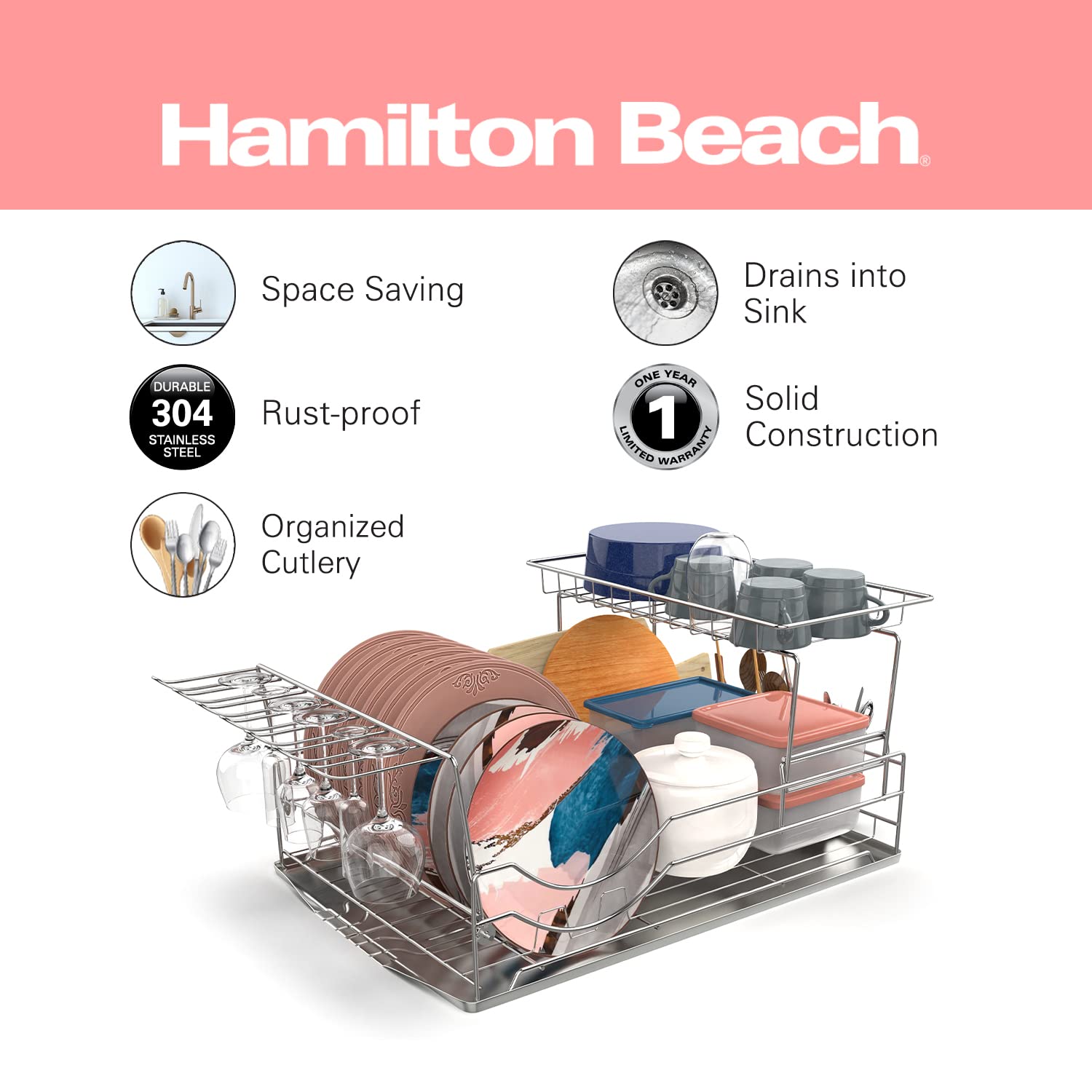 Hamilton Beach Stainless Steel Dish Drying Rack 2 Tier and Cutlery Hol