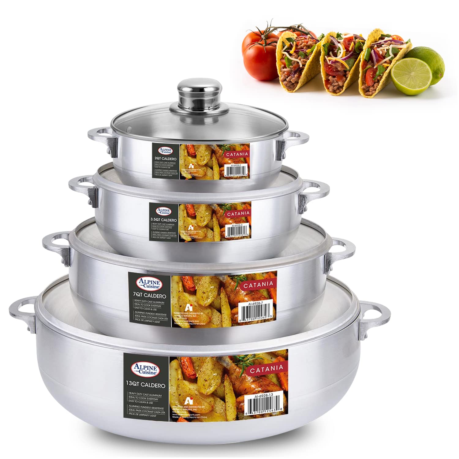 Alpine Cuisine 8pc Set Aluminum Caldero Stock Pot with Glass Lids, Coo
