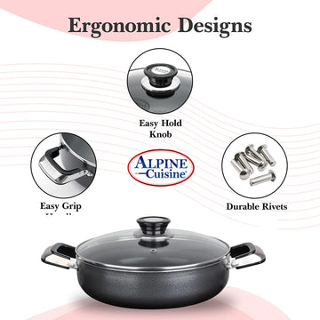 Alpine Cuisine 3.2 Quart Non-stick Stock Pot with Tempered Glass Lid and Carrying Handles, Multi-Purpose Cookware Aluminum Dutch Oven for Braising, Boiling, Stewing
