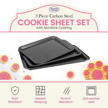 Alpine Cuisine Jelly Roll Cookie Sheet Set 3-piece - Nonstick Carbon Steel Sheet - Grey Easy Release, Durable, Leak-Proof & Heavy Duty Baking Sheets - Easy to Clean Tray, Dishwasher Safe Cooking Sheet