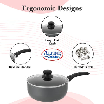 Alpine Cuisine Sauce Pan 2.5qt Aluminum Nonstick Coating Bakelite Handle with Glass Lid, Nonstick Saucepan for All Stoves, Multipurpose Use for Home Kitchen & Restaurant, Heavy Duty - Dishwasher Safe