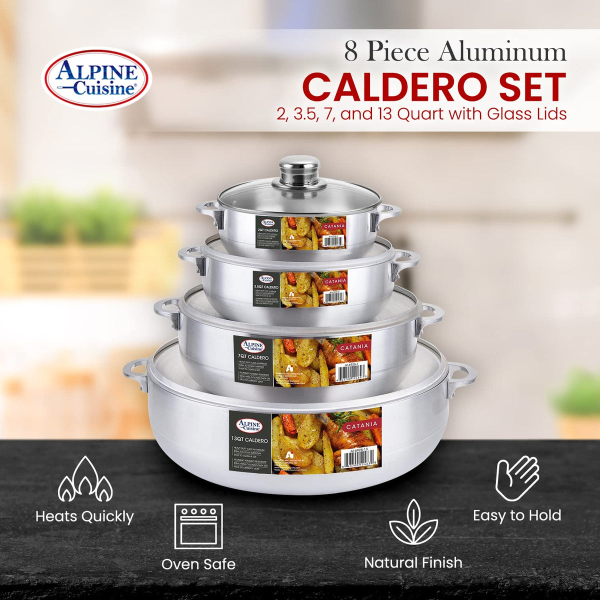 Alpine Cookware Alpine Cuisine 8pc Set Aluminum Caldero Stock Pot with Glass Lids, Coo