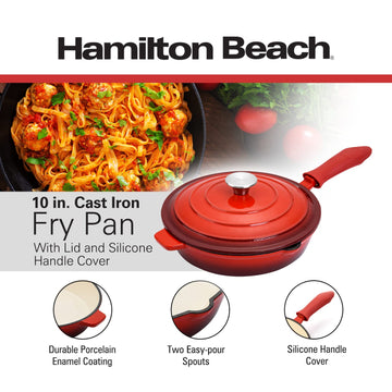 Hamilton Beach Enameled Cast Iron Fry Pan with Lid 10-Inch Red,  Cream Enamel coating, Skillet Pan For Stove top and Oven, Even Heat Distribution, Safe Up to 400 Degrees, Durable and Dishwasher Safe