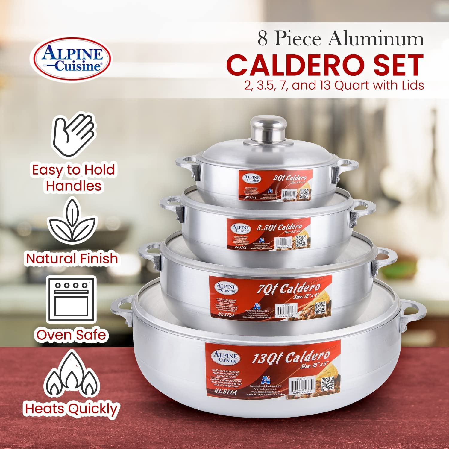 Alpine Cuisine 8 Piece Set Aluminum Caldero Stock Pot with Glass Lid,  Commercial Grade Cooking Dutch Oven