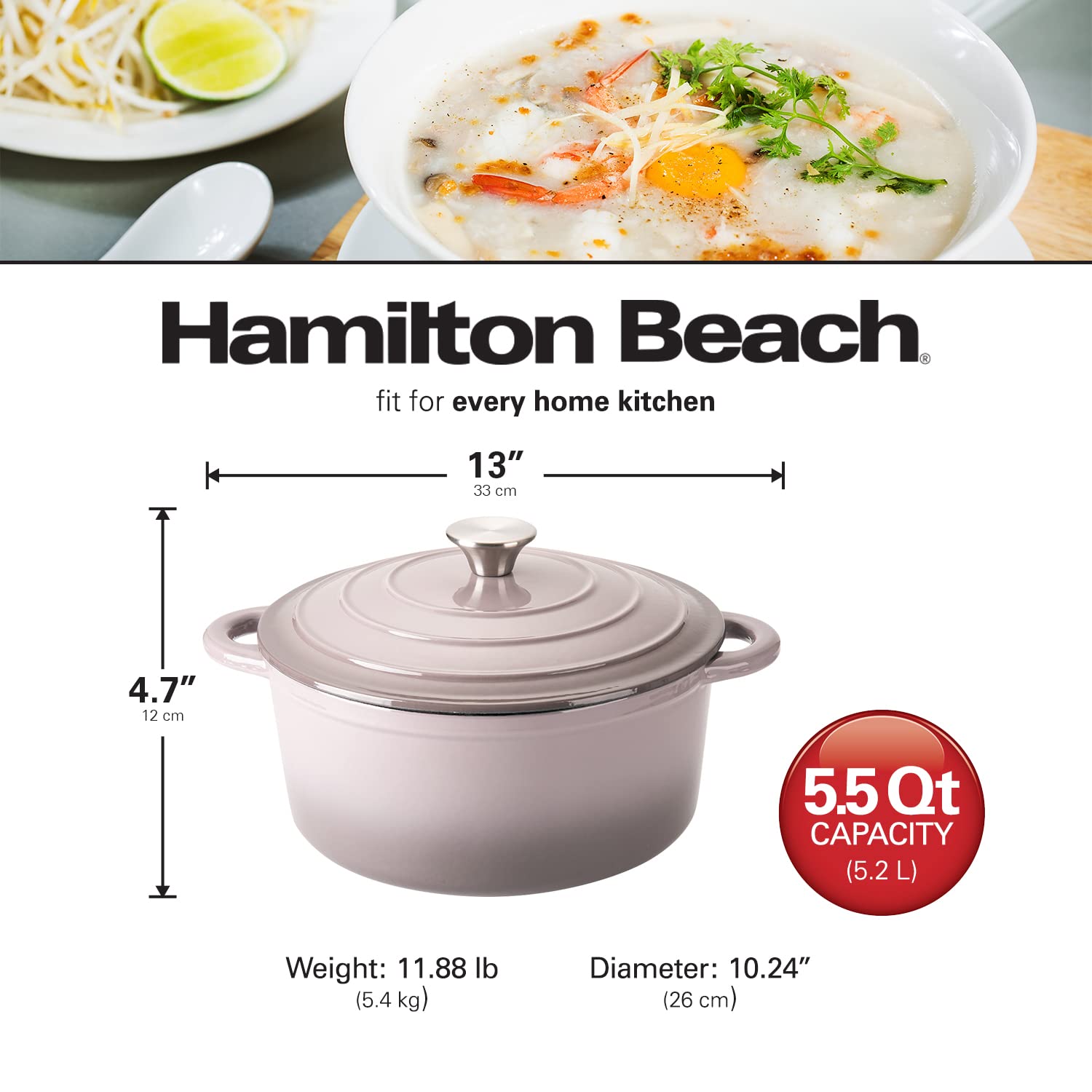 Hamilton Beach Enameled Cast Iron Dutch Oven Gray, Cream Ena