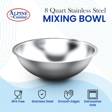 Alpine Cuisine 8-Quart Stainless Steel Kitchen Mixing Bowls, Salad Bowls Heavy Duty Deeper Edge, Dishwasher Safe Storage Bowls, Premium Polished Mirror Prep Bowls for Cooking & Serving