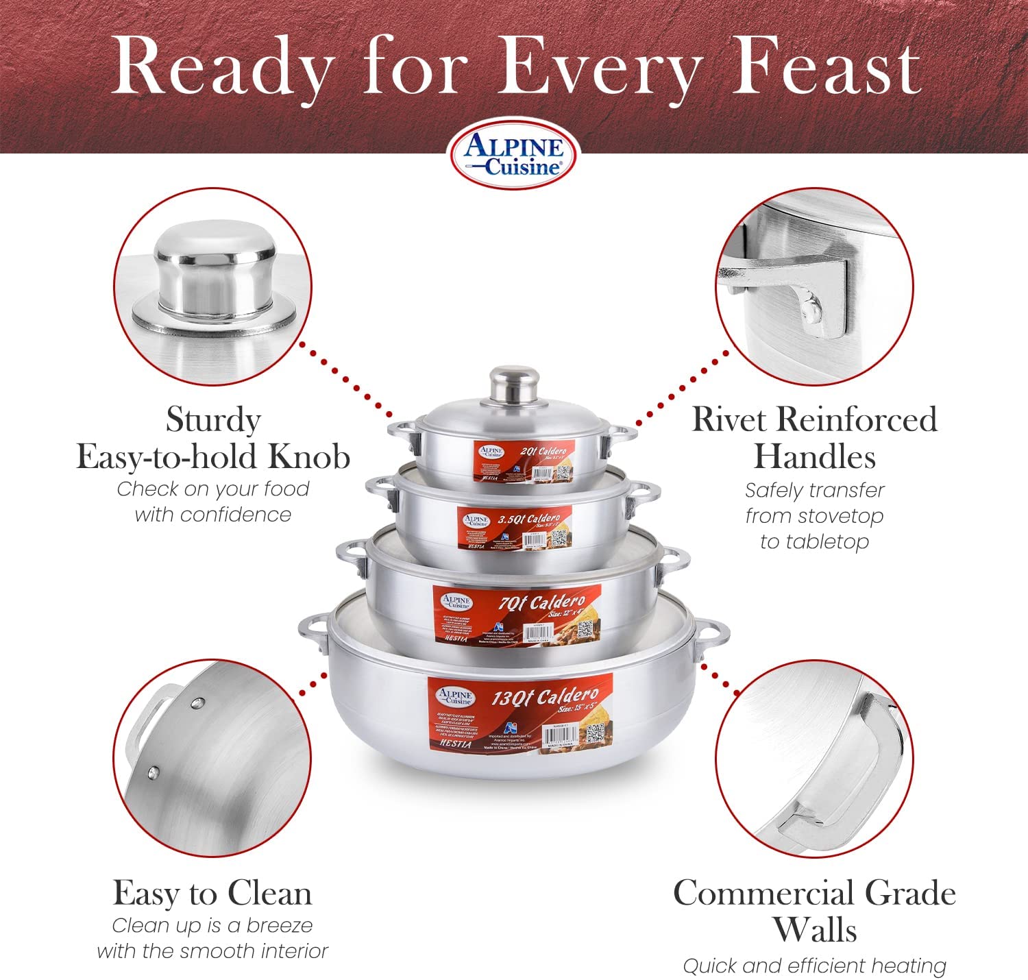 Alpine Cuisine 8 Piece Gourmet Aluminum Caldero Set, 2/3.5/7/13 quart,