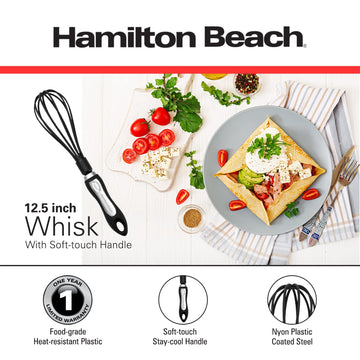 Hamilton Beach Whisk, Heat-Resistant Premium Kitchen Nylon Whisk for Nonstick Cookware, Perfect Egg Beater for Blending Pancake Cake Mix, 12.5inch Soft Touch Handle - Black