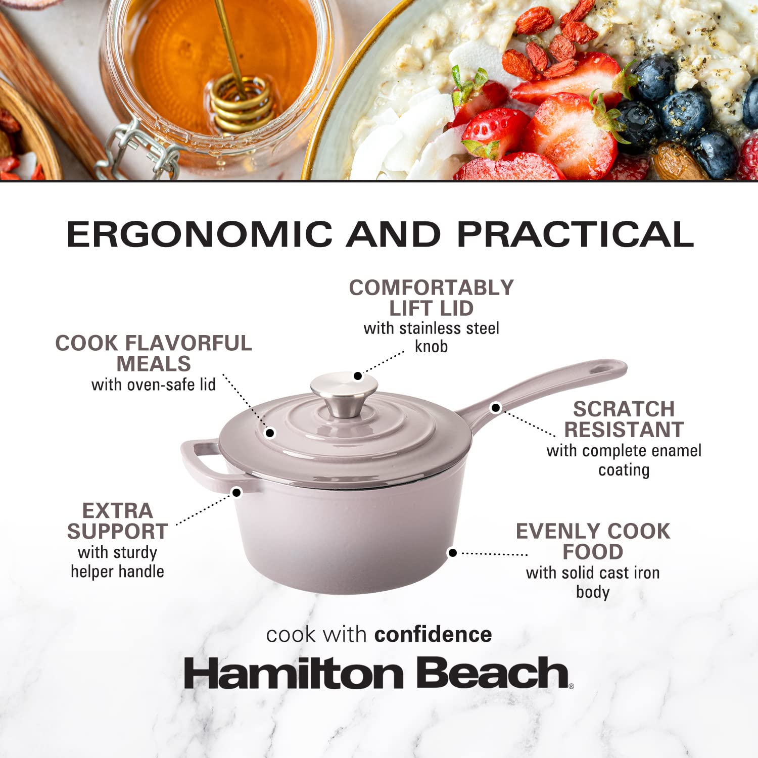 Hamilton Beach Enameled Cast Iron Sauce Pan 2-Quart Navy, Cream Enamel  coating, Pot For Stove top and Oven Cooking, Even Heat Distribution, Safe  Up to
