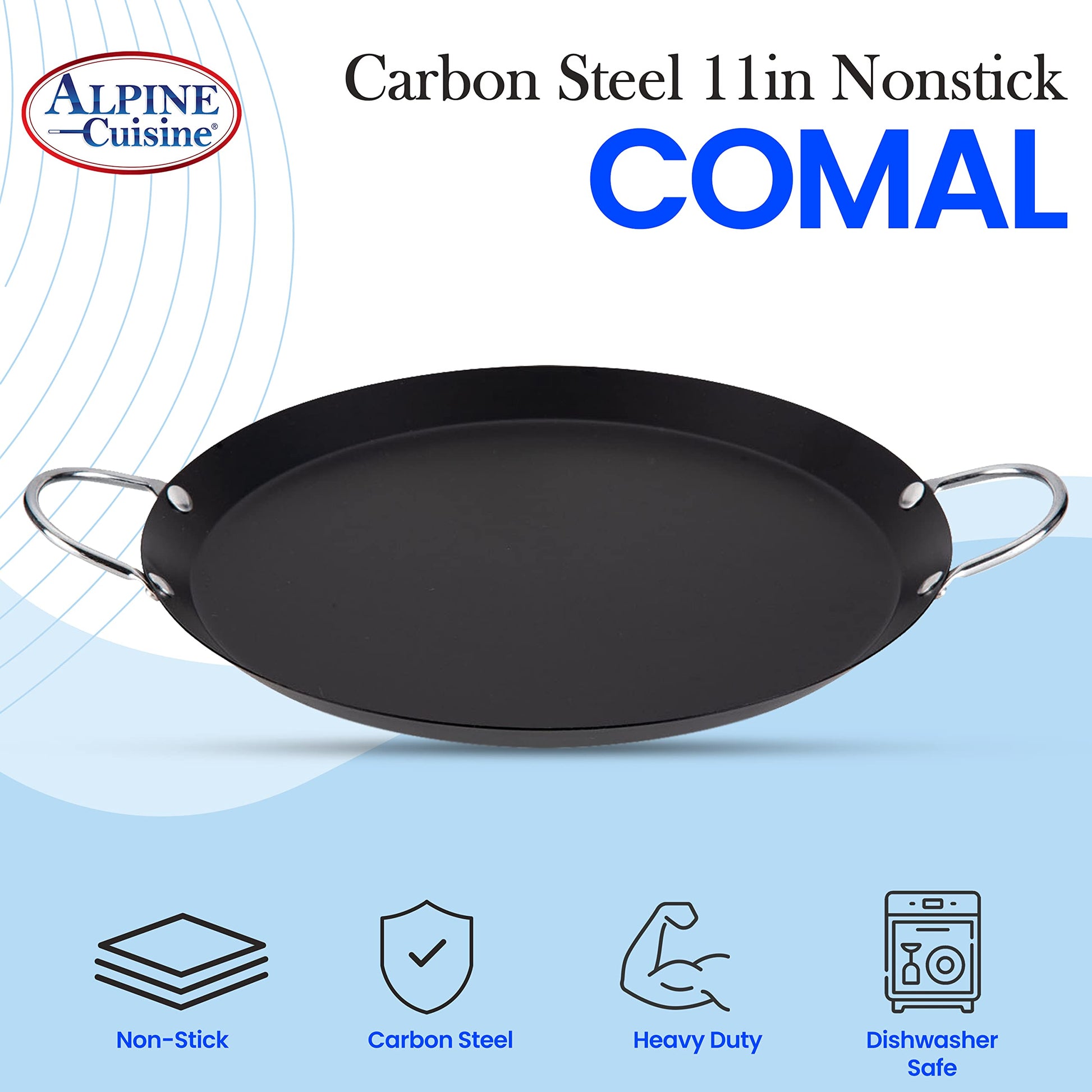 Alpine Cuisine Nonstick Round Comal 11-Inch - Black Carbon Steel Tortilla  Comal with Double Handle - Durable, Heavy Duty Comal for Cooking 