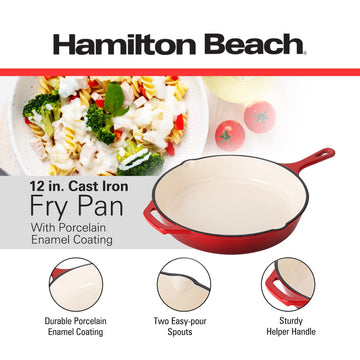 Hamilton Beach Enameled Cast Iron Fry Pan 12-Inch Red,  Cream Enamel coating, Skillet Pan For Stove top and Oven, Even Heat Distribution, Safe Up to 400 Degrees, Durable and Dishwasher Safe