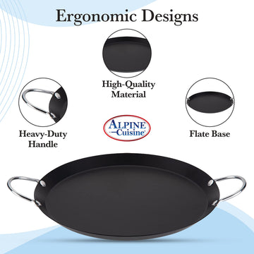 Alpine Cuisine Nonstick Round Comal 11-Inch - Black Carbon Steel Tortilla Comal with Double Handle - Durable, Heavy Duty Comal for Cooking - Even-Heating & Long Lasting - Versatile Kitchen Cookware