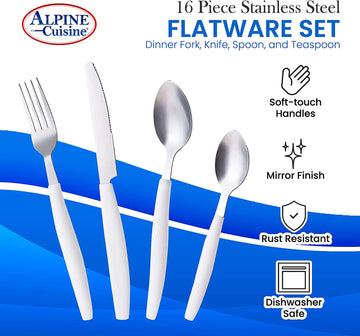 ALPINE CUISINE Flatware Set 16 Piece Service for 4, Stainless Steel Flatware Cutlery Set Includes Dinner Knives/Forks/Spoons - Great for Camping or College Dorms - Dishwasher Safe - White