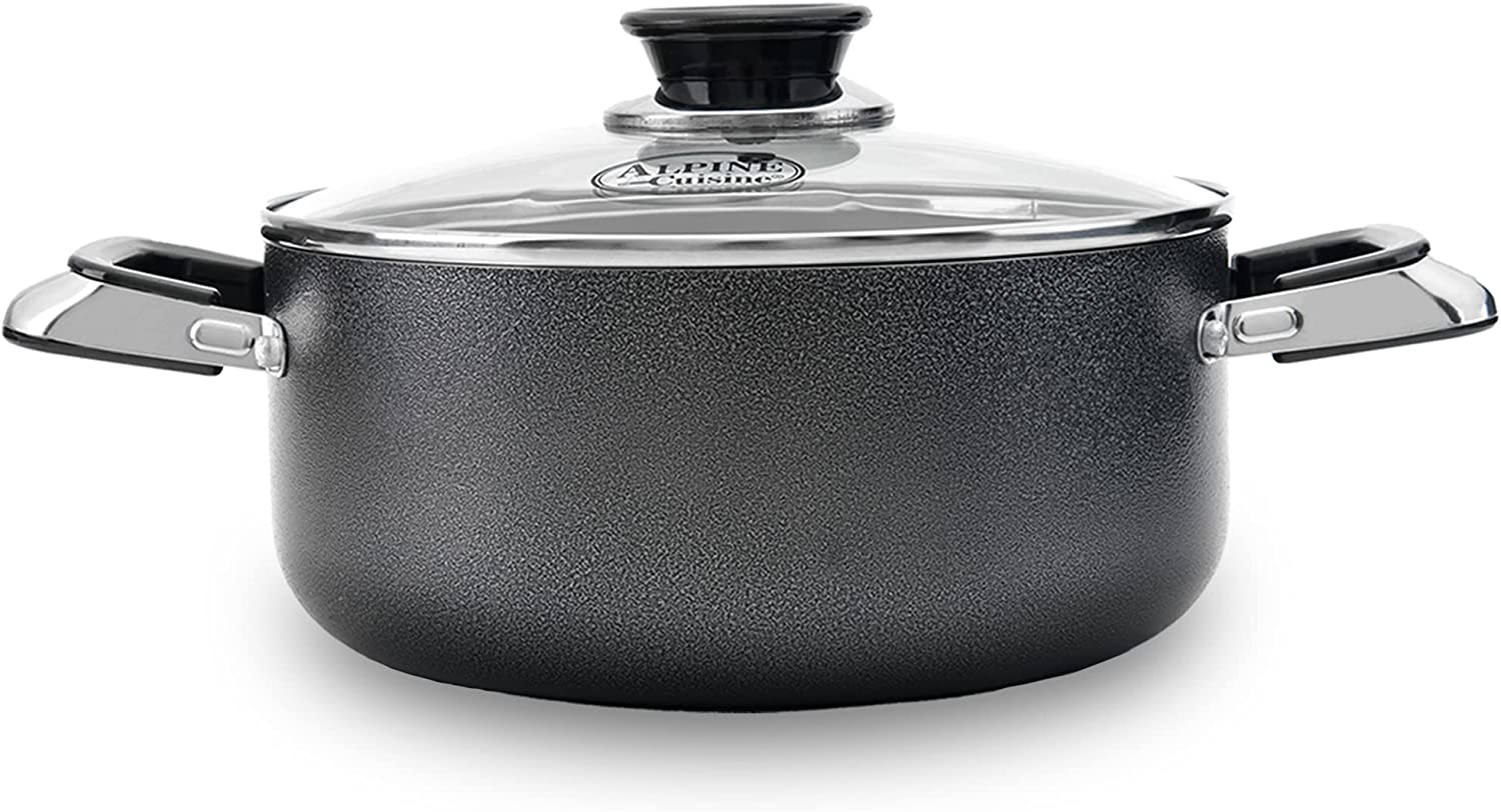 Alpine Cuisine 4 Quart Non-stick Stock Pot with Tempered Glass Lid and Carrying Handles, Multi-Purpose Cookware Aluminum Dutch Oven for Braising, Boiling, Stewing