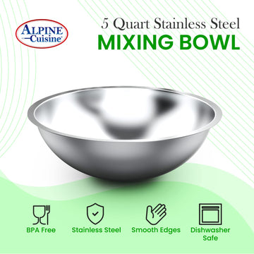 Alpine Cuisine 5-Quart Stainless Steel Kitchen Mixing Bowls, Salad Bowls Heavy Duty Deeper Edge, Dishwasher Safe Storage Bowls, Premium Polished Mirror Prep Bowls for Cooking & Serving