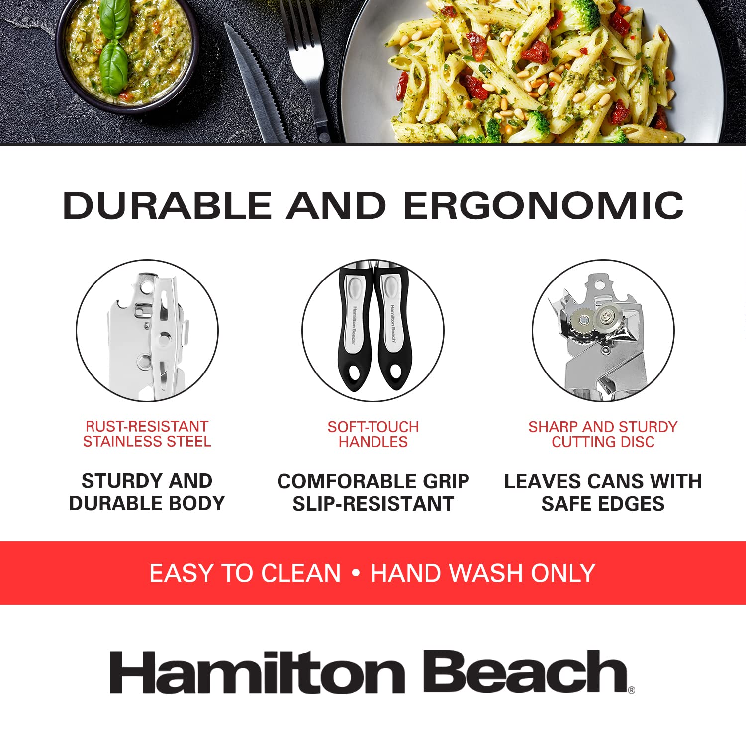 Hamilton Beach Can Opener 8.5in Soft Touch PP Handle, Stainless Steel Sharp  Blade, Ergonomic & Easy Grip Heavy Duty, Can Openers Smooth Edge, Can