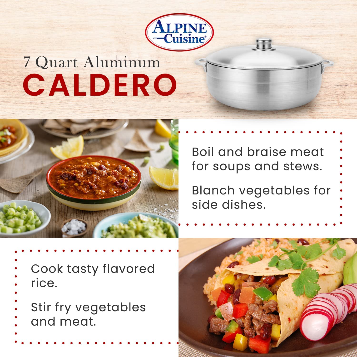 Alpine Cuisine 7-Quart Gourmet Aluminum Caldero Stock Pot, Cooking Dut