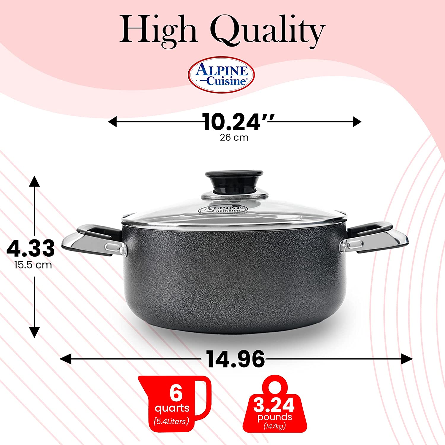 Alpine Cuisine Quart Non-stick Stock Pot with Tempered Glass Lid and