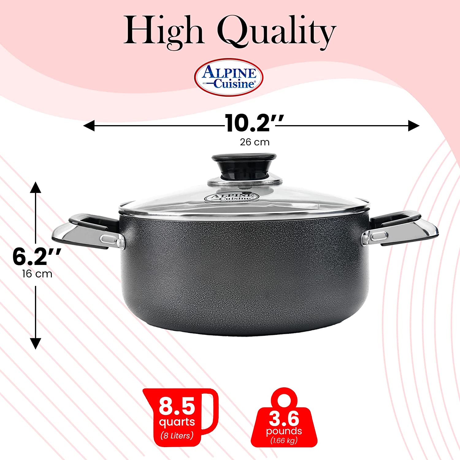 Alpine Cuisine 8.5 Quart Non-stick Stock Pot with Tempered Glass Lid and  Carrying Handles, Multi-Purpose Cookware Aluminum Dutch Oven for Braising, 