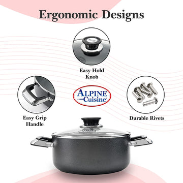 Alpine Cuisine 4 Quart Non-stick Stock Pot with Tempered Glass Lid and Carrying Handles, Multi-Purpose Cookware Aluminum Dutch Oven for Braising, Boiling, Stewing
