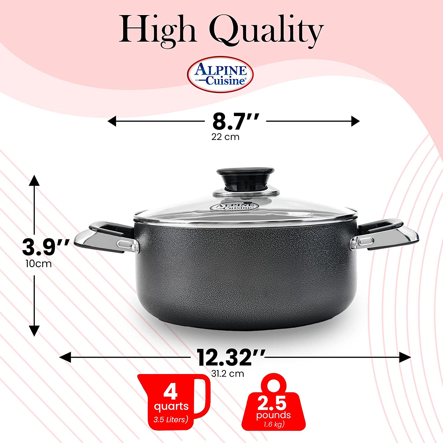 Alpine Cuisine 4 Quart Non stick Stock Pot with Tempered Glass Lid and