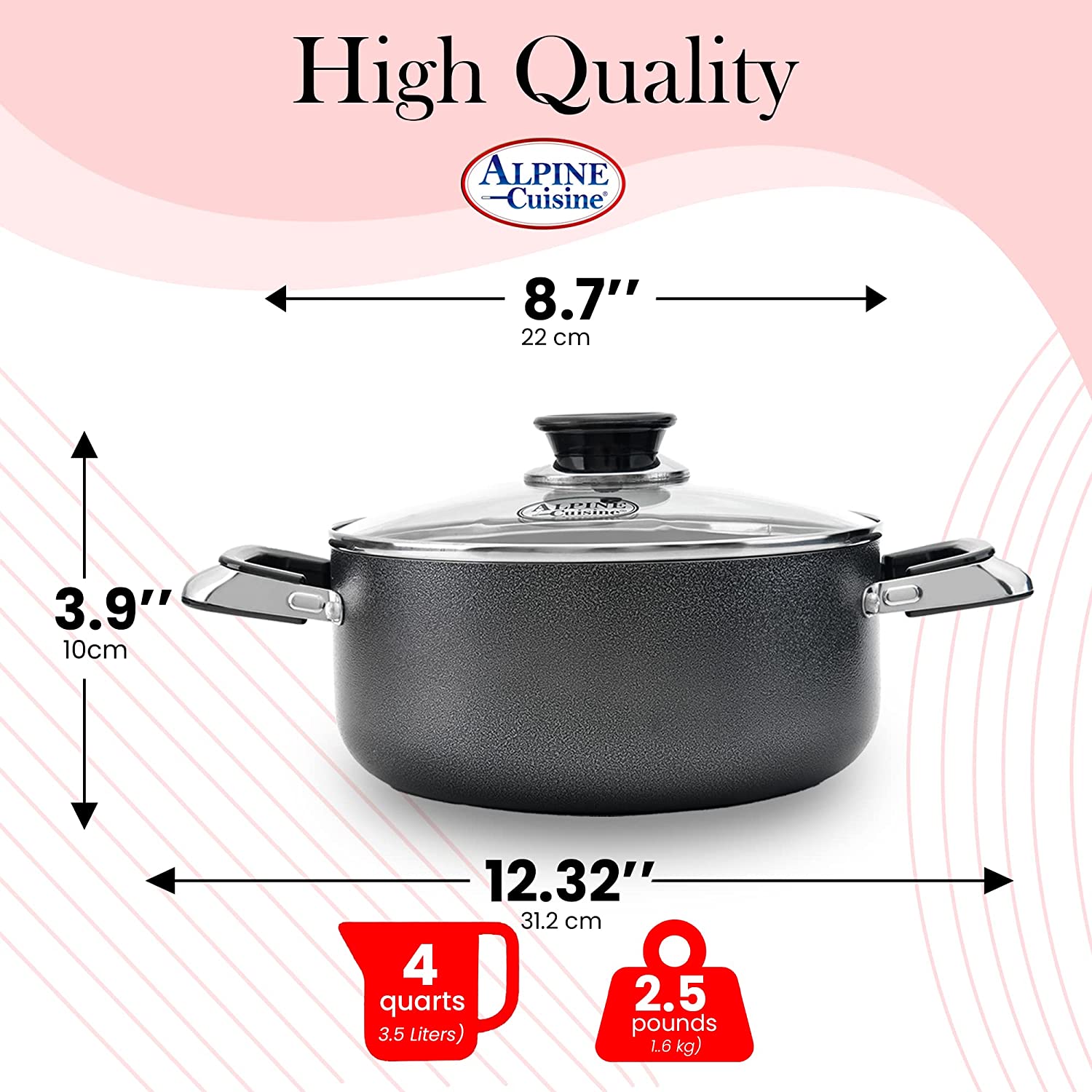 Alpine Cuisine 10 Quart Non-stick Stock Pot with Tempered Glass Lid and  Carrying Handles, Multi-Purpose Cookware Aluminum Dutch Oven for Braising,  Boiling, Stewing