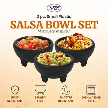 Alpine Cuisine Small Salsa Bowls (Molcajete) 3pc Set, High-Quality & Food Grade Plastic Material, Heavy Duty & Easy to Clean, Multi-Purpose Salsa Bowl for Serving, Durable & Dishwasher Safe