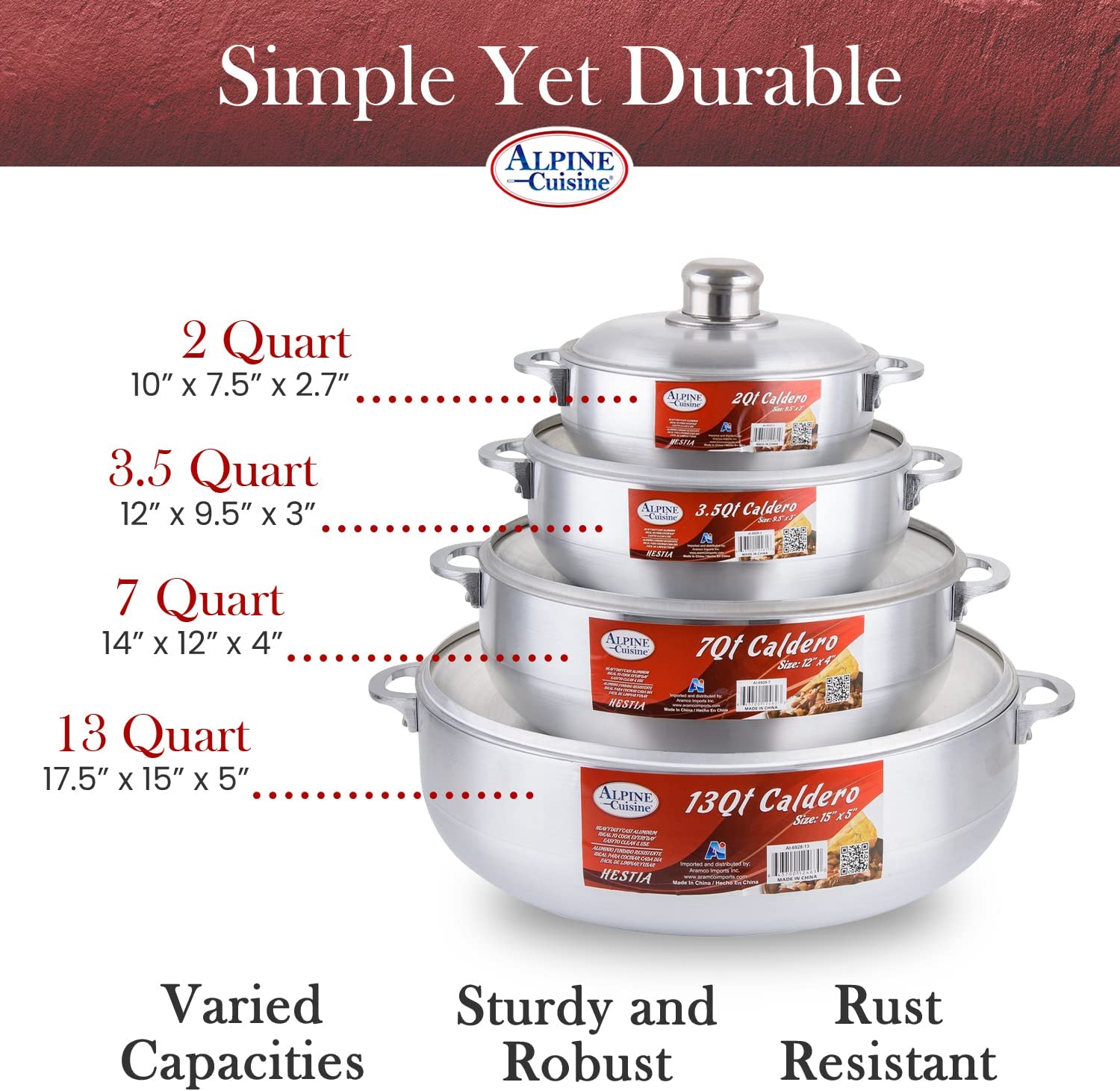 Aramco 8 Piece Alpine Gourmet Aluminum Caldero Set, 2/3.5/7/13 quart,
