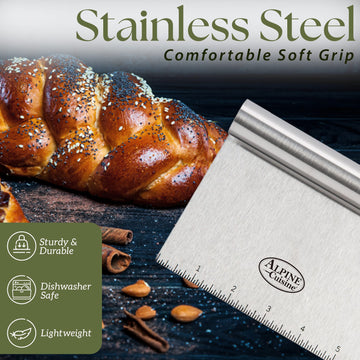 Alpine Cuisine Stainless Steel Dough Scraper with Comfortable Handle - Heavy Duty Dough Cutter with Measuring Markings - Multipurpose Food Scraper for Pastry, Pizza, Cake, & Bread - Dishwasher Safe